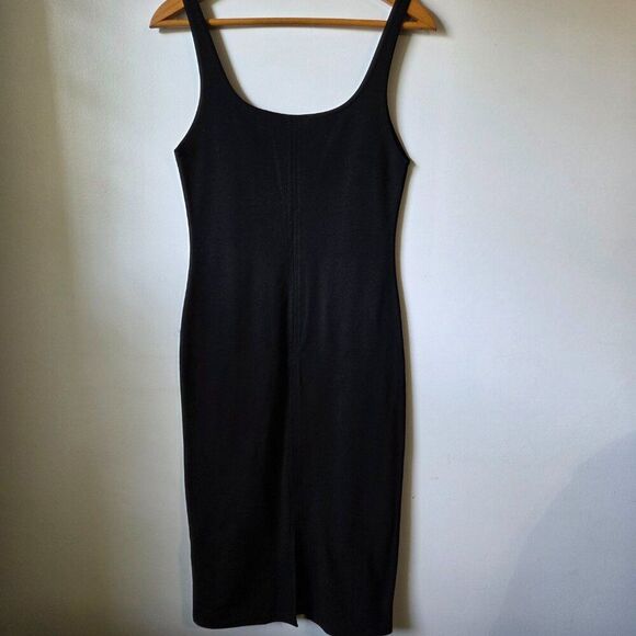 EUC ZARA BLACK SCOOP NECK BODYCON MIDI DRESS MINIMALIST SIZE L - Picture 2 of 14